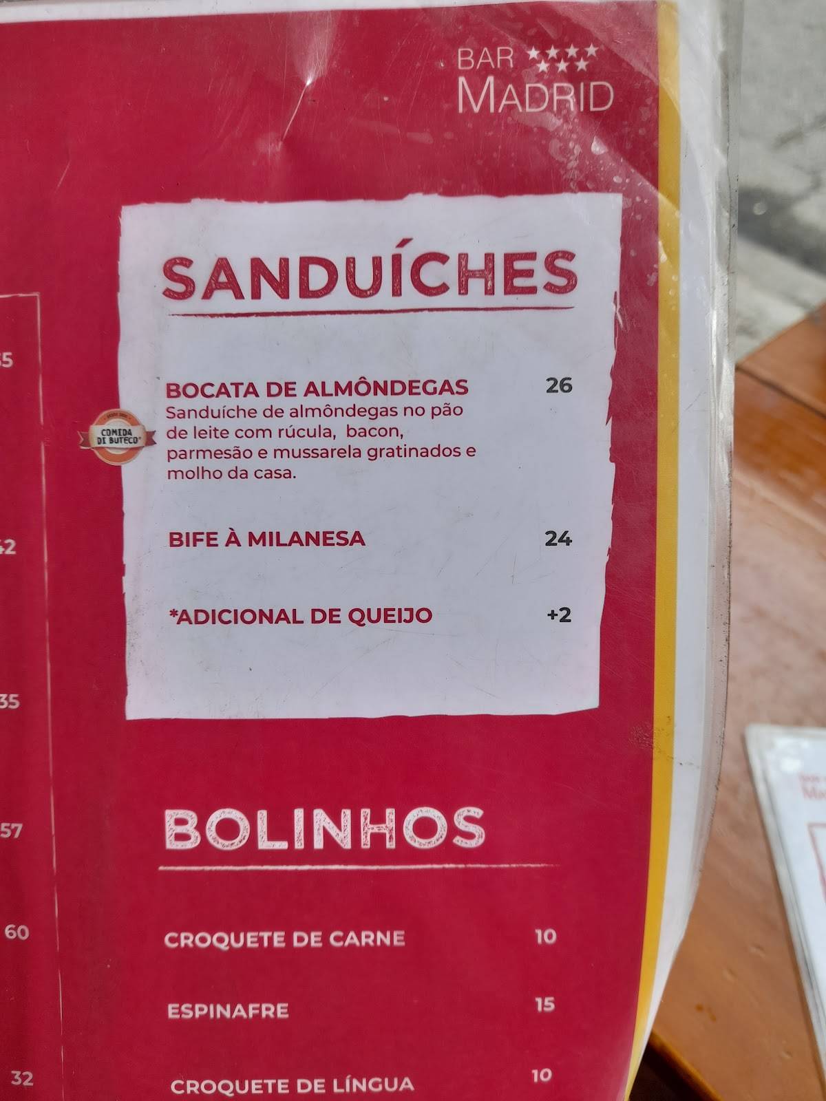 Bar Madrid cardápio