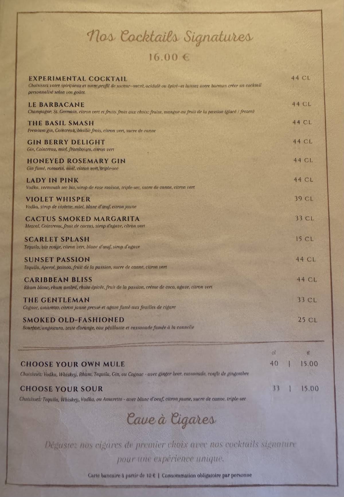 Menu de Barbacane Bar