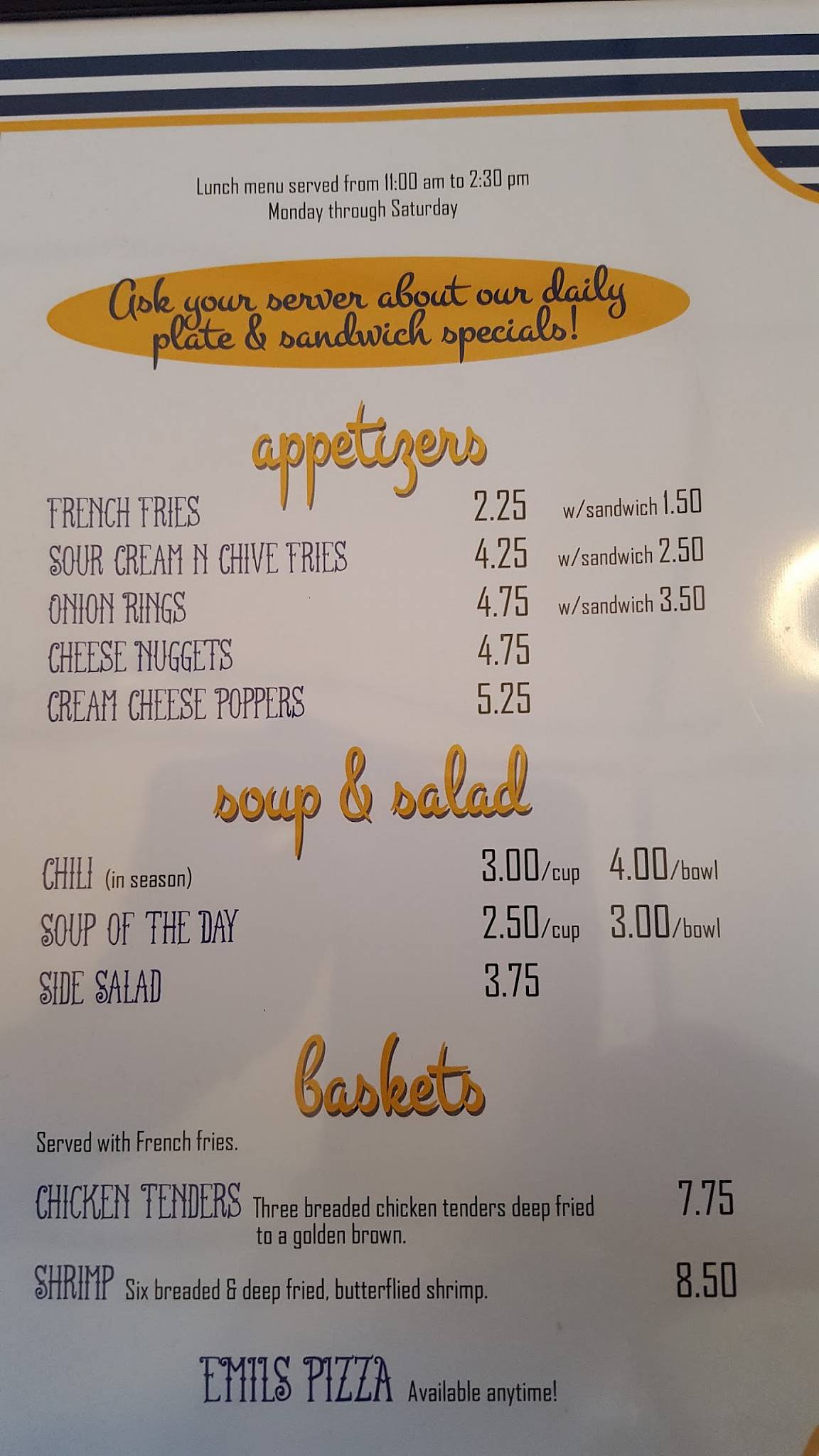 Menu at Bark River Yacht Club, Dousman