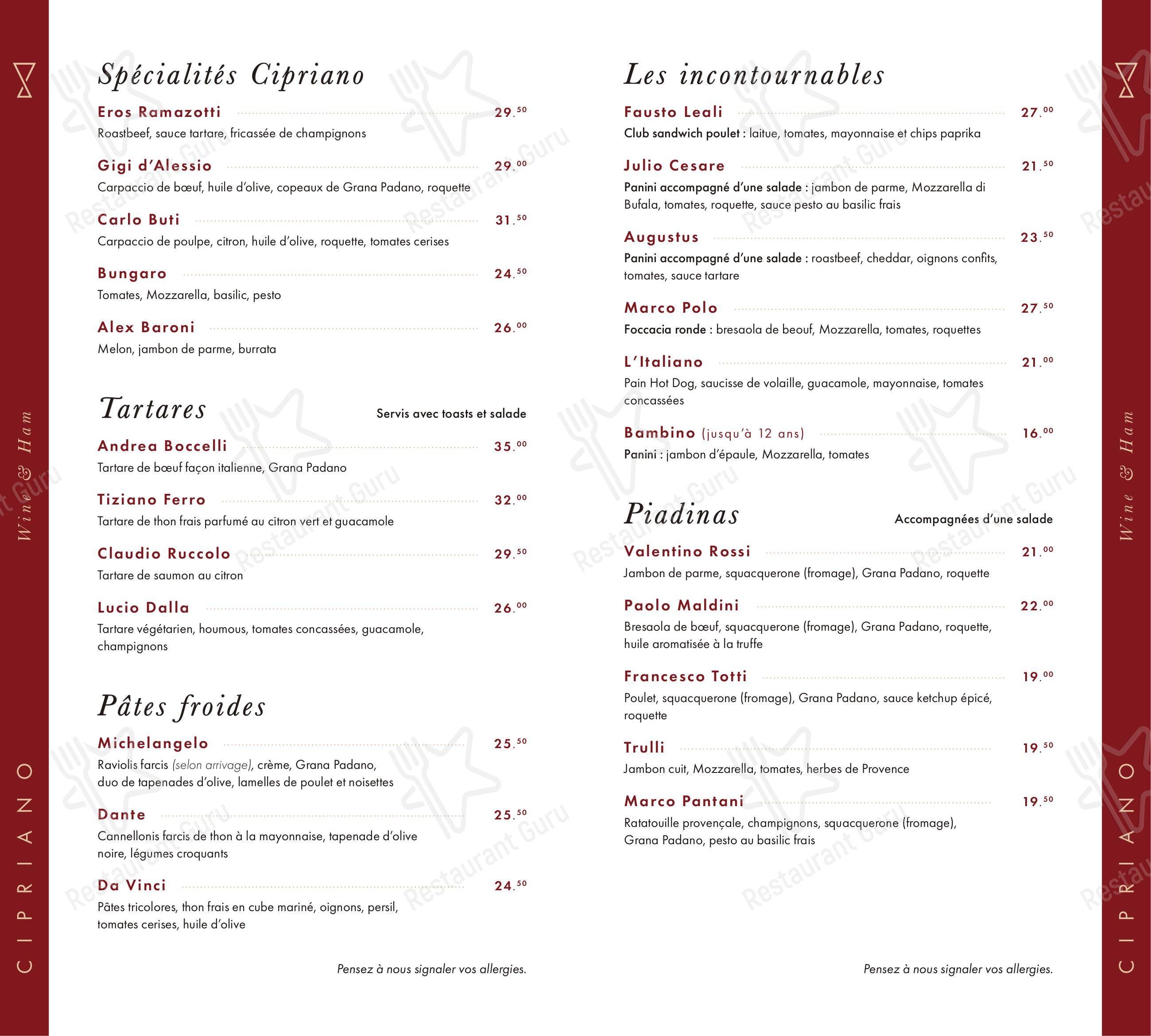 Menu di Cipriano Wine & Ham - Menu
