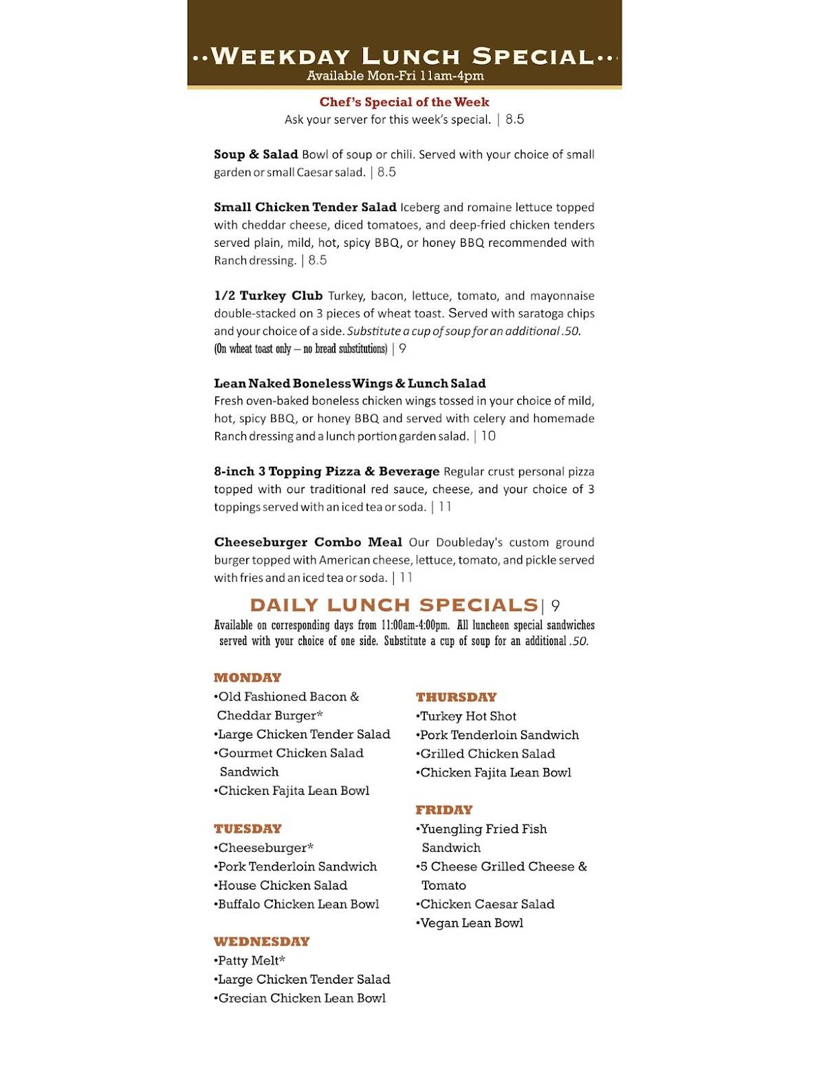 Menu at Doubleday's Grill & Tavern restaurant, Centerville