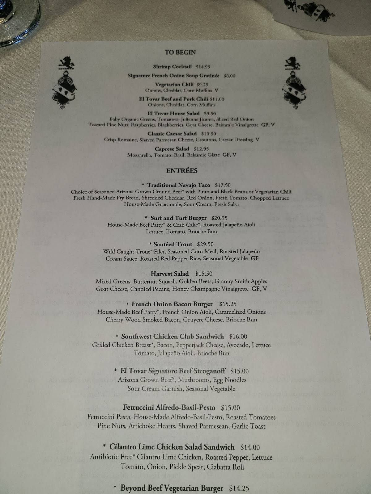 Menu at El Tovar Dining Room pub & bar, Grand Canyon Village, 1 El Tovar Rd