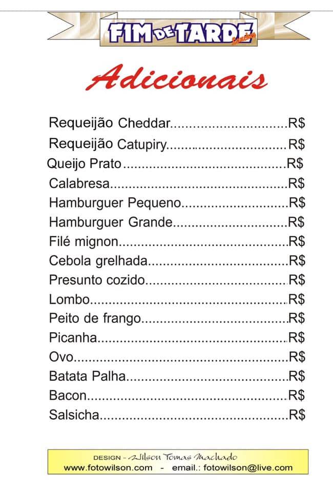 Fim de Tarde Lanches cardápio