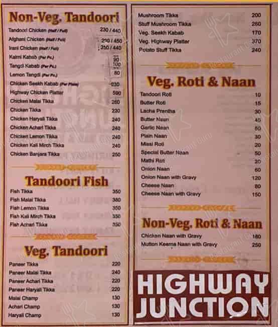 Highway junction hard bar and restaurant menu