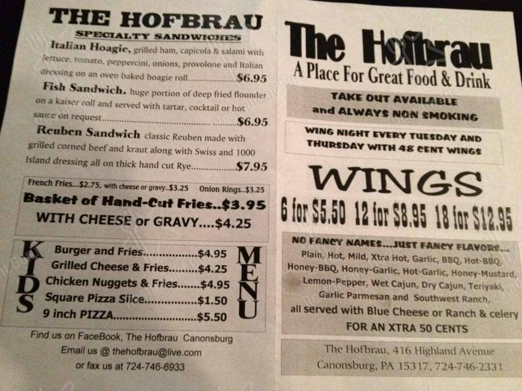 Menu at The Hofbrau pub & bar, Canonsburg