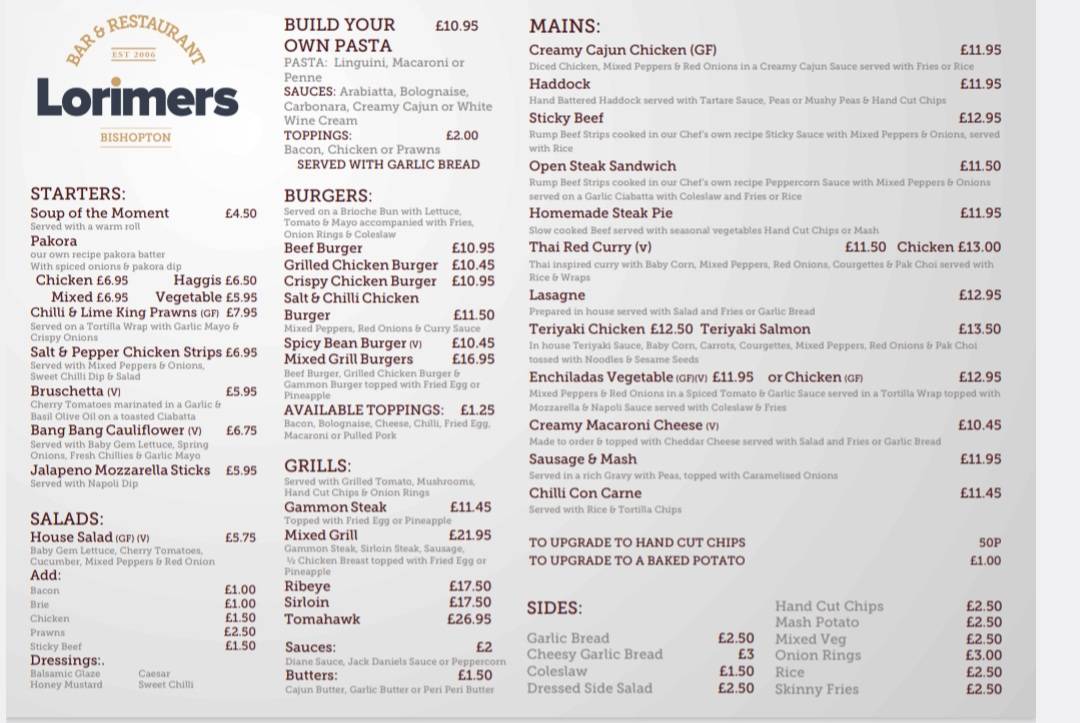 Menu at Lorimers pub & bar, Bishopton