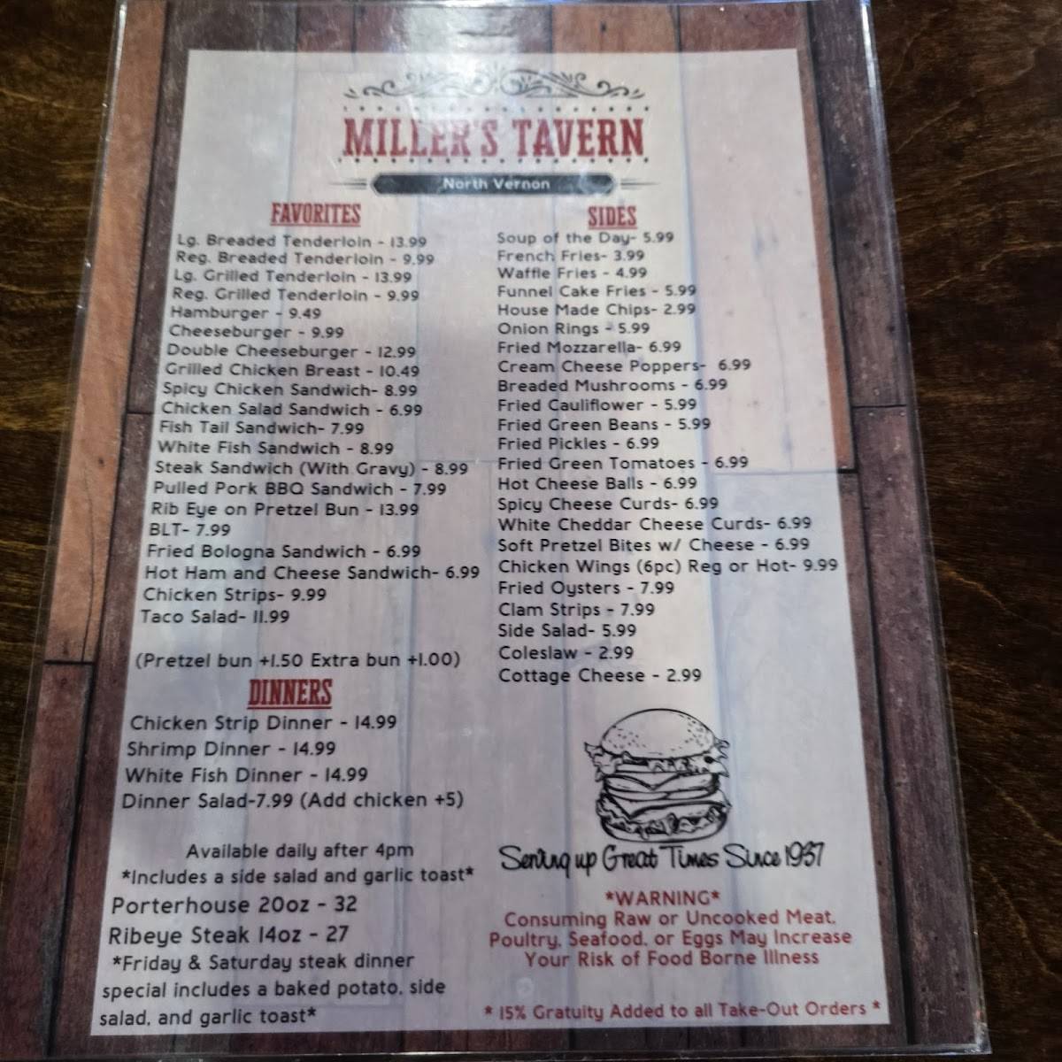 Menu at Miller's Tavern pub & bar, North Vernon