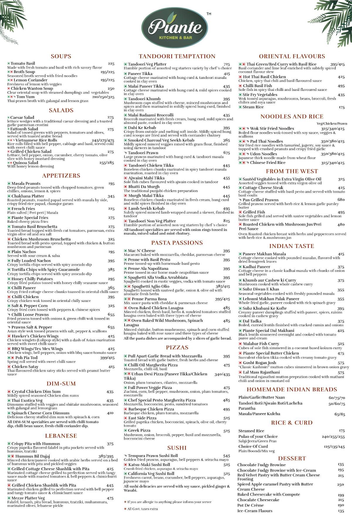 Piante - Kitchen and Bar menu