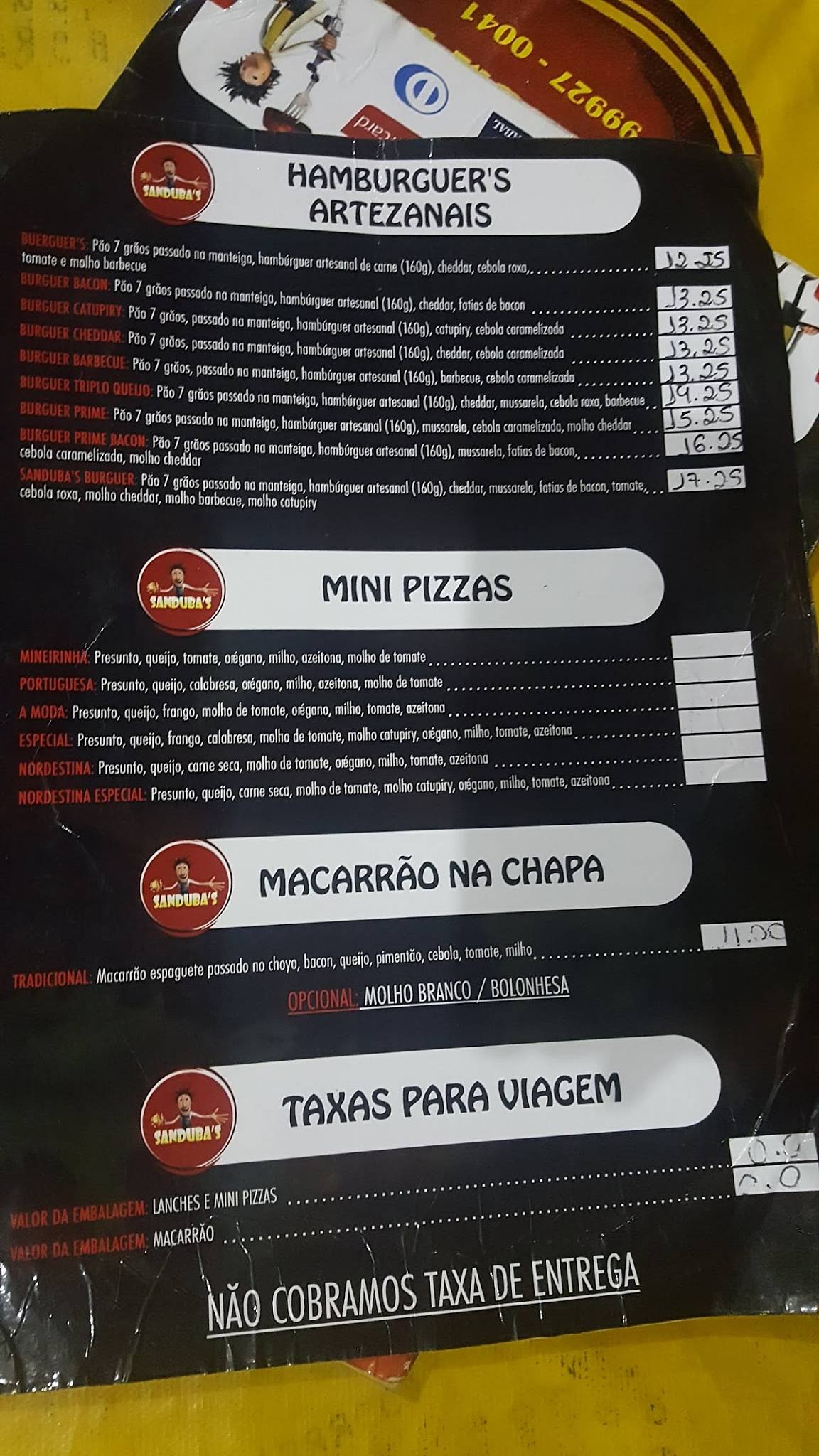 Sanduba's cardápio