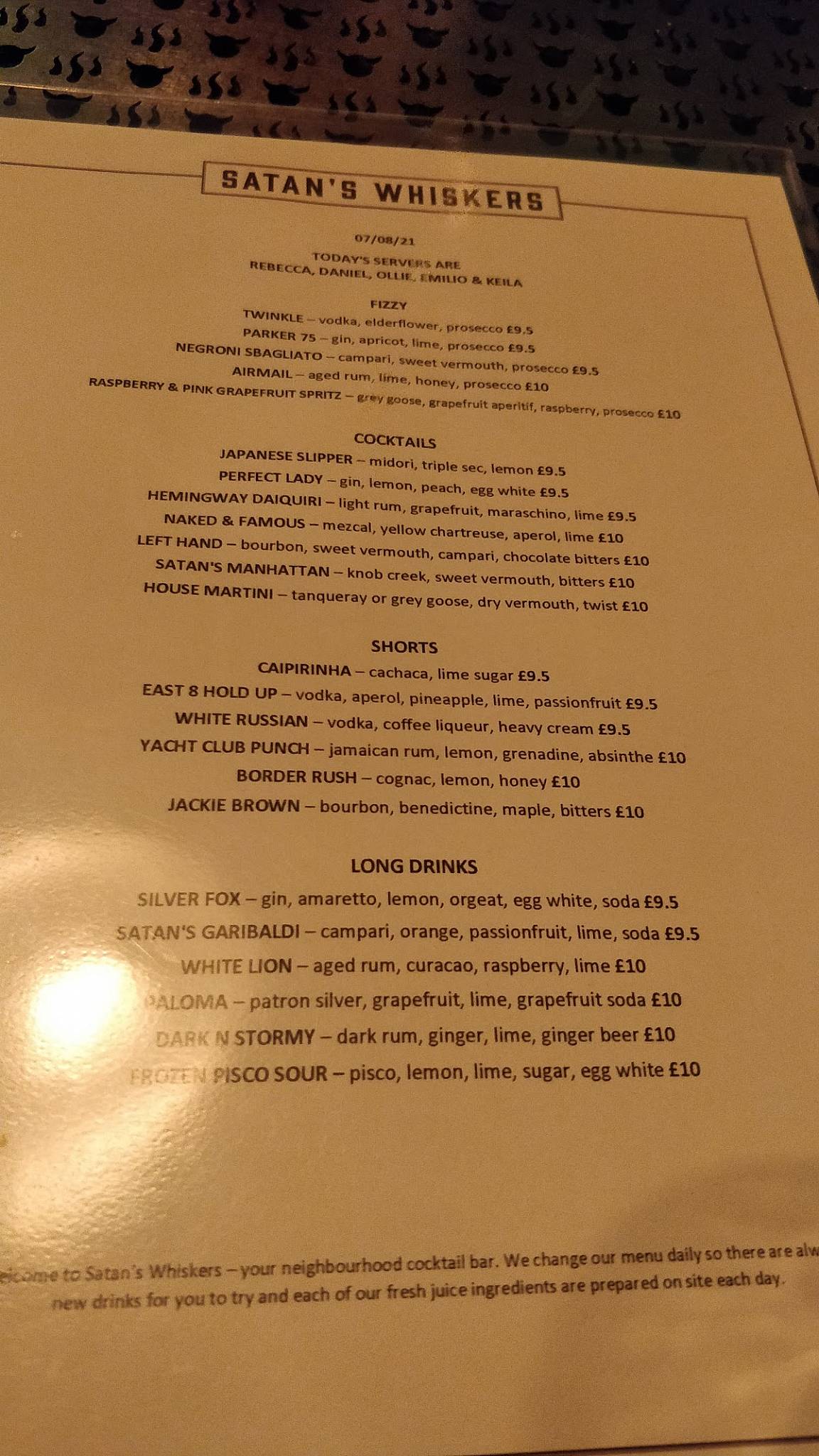 Menu at Satan's Whiskers pub & bar, London