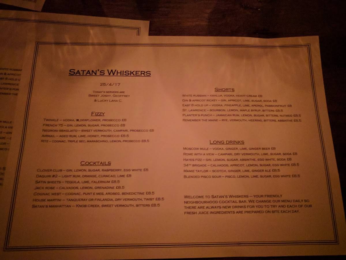 Menu at Satan's Whiskers pub & bar, London