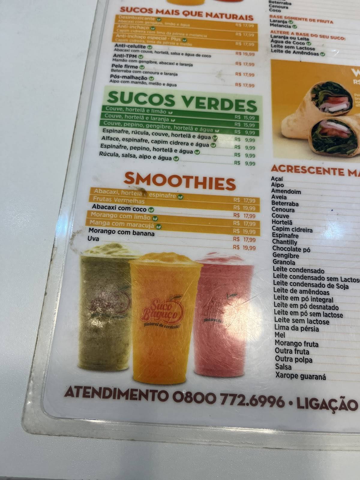 Suco Bagaço cardápio