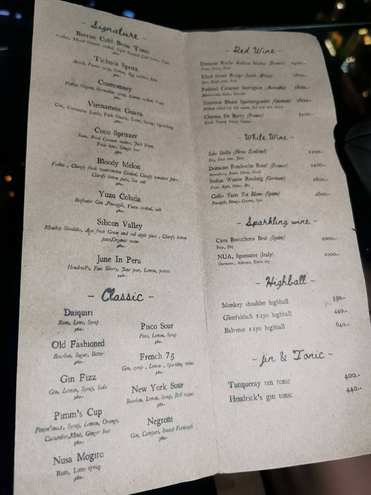 Menu at Tichuca Rooftop Bar, Bangkok, ตึก T one 8 ชั้น 46 Soi Sukhumvit 40