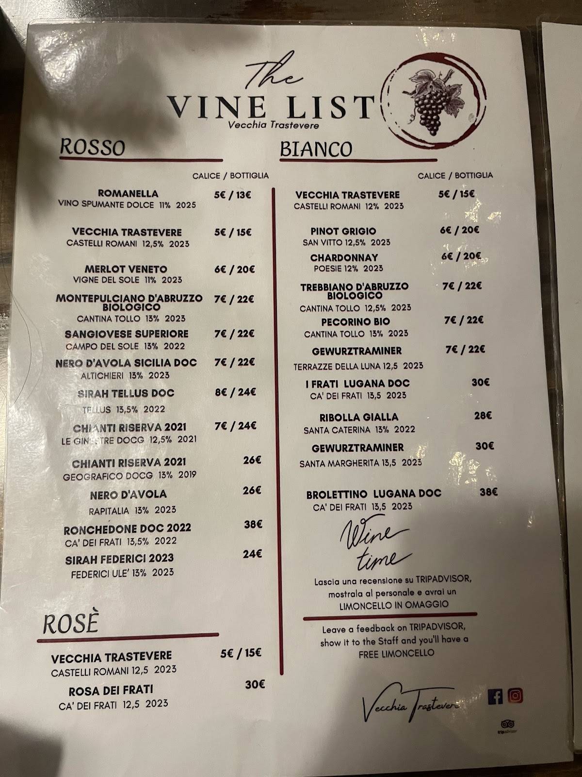 Menu di Vecchia Trastevere 