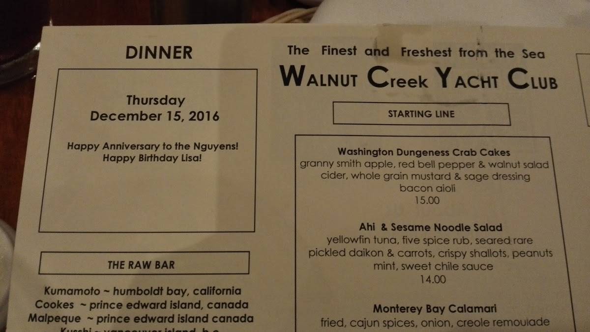 Walnut Creek Yacht Club menu