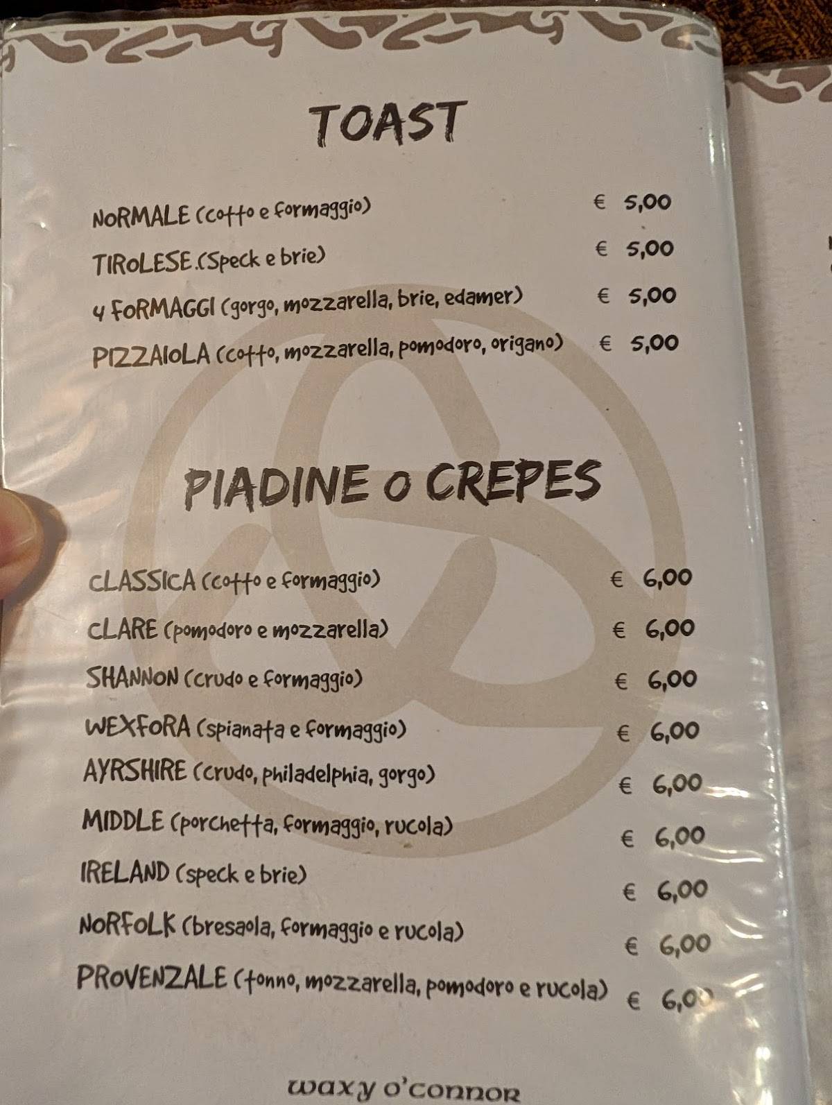 Menu di Waxy O'Connor 