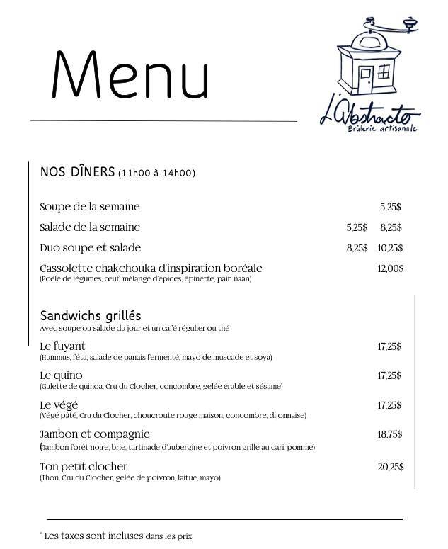 Menu de café-bar L'Abstracto