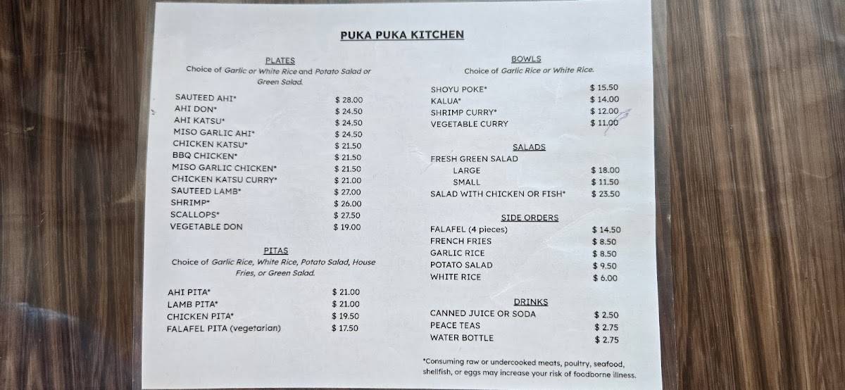 Carta del restaurante Puka Puka Kitchen, Hilo