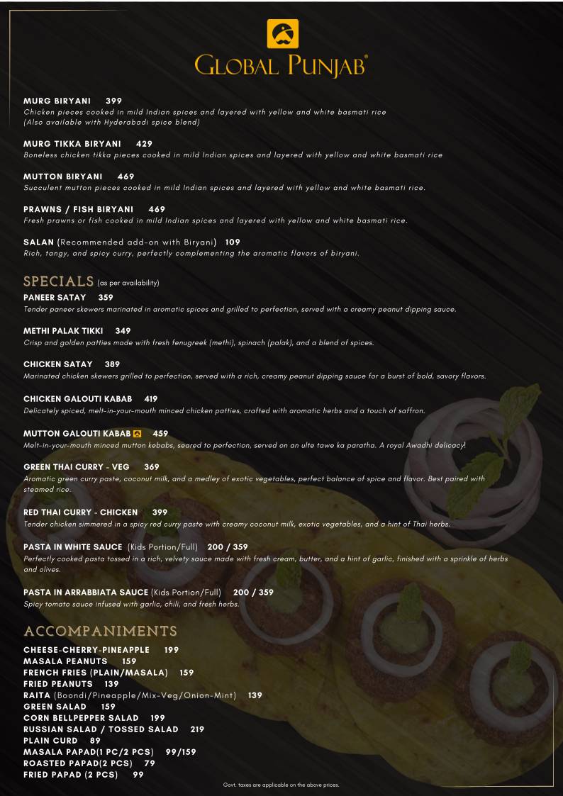 Global Punjab, Baner-Pashan Link Road menu