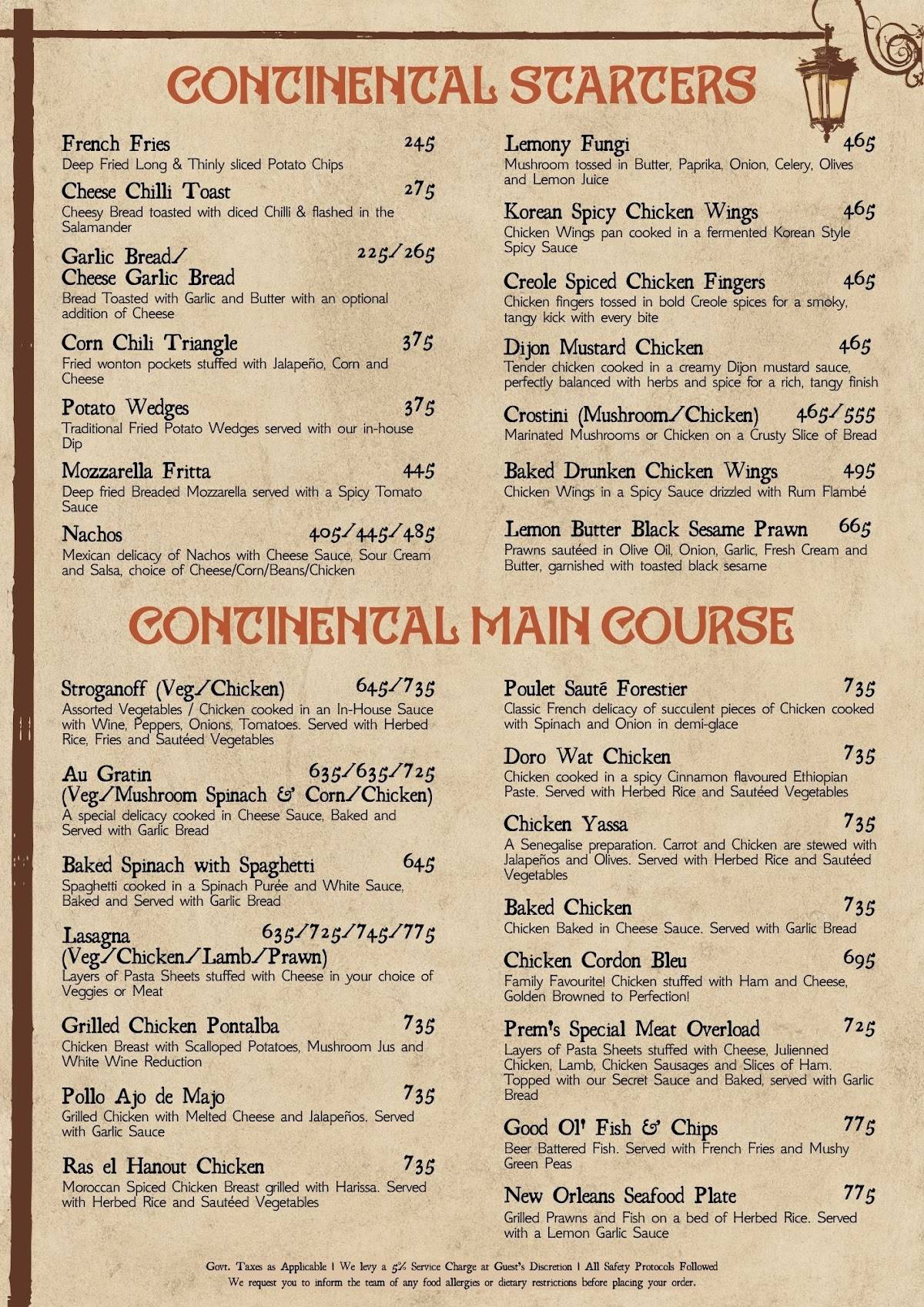 Prem's Baner menu