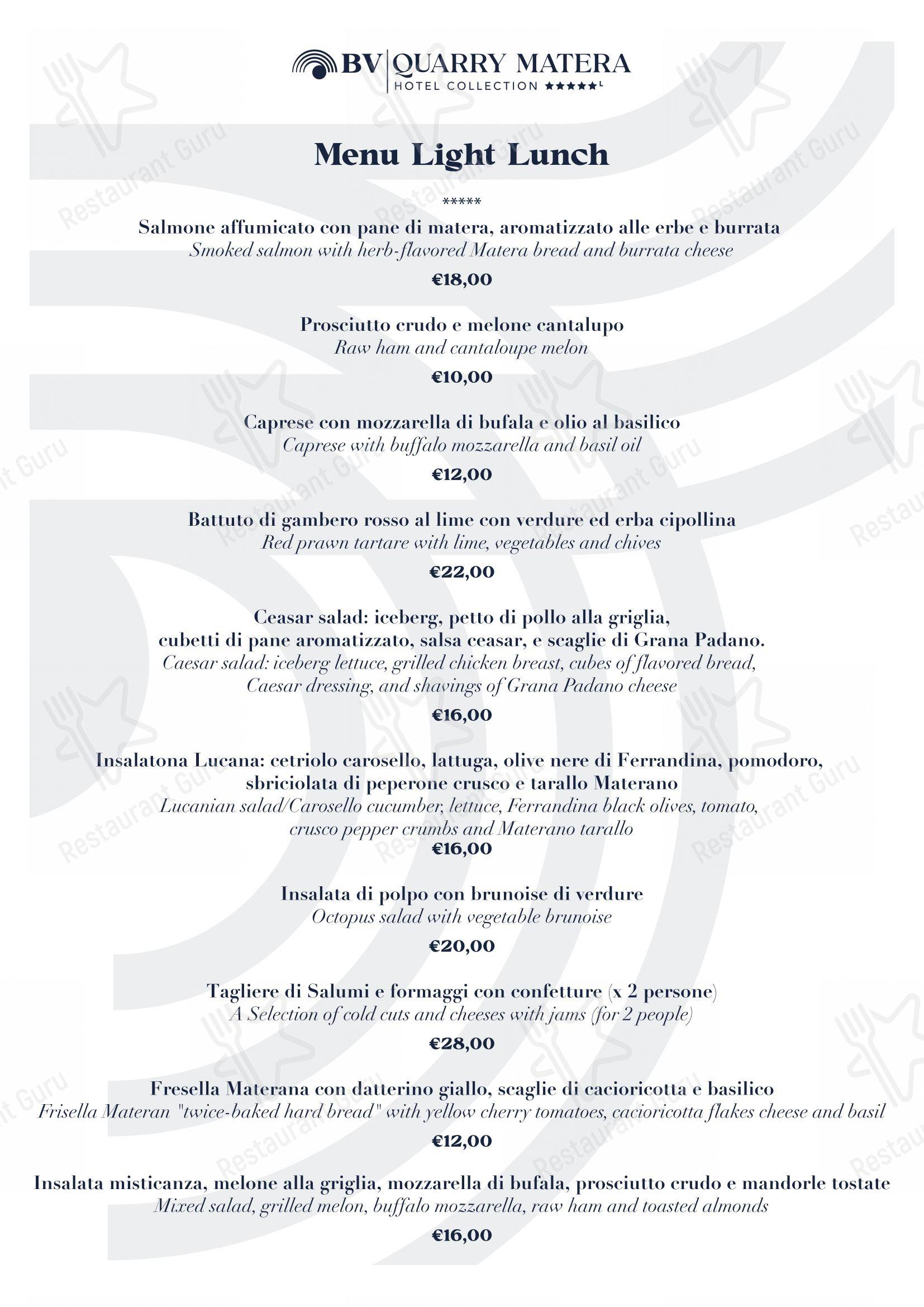 Menu di BV Quarry Rooftop Terrace Matera - Restaurant Garden Inn