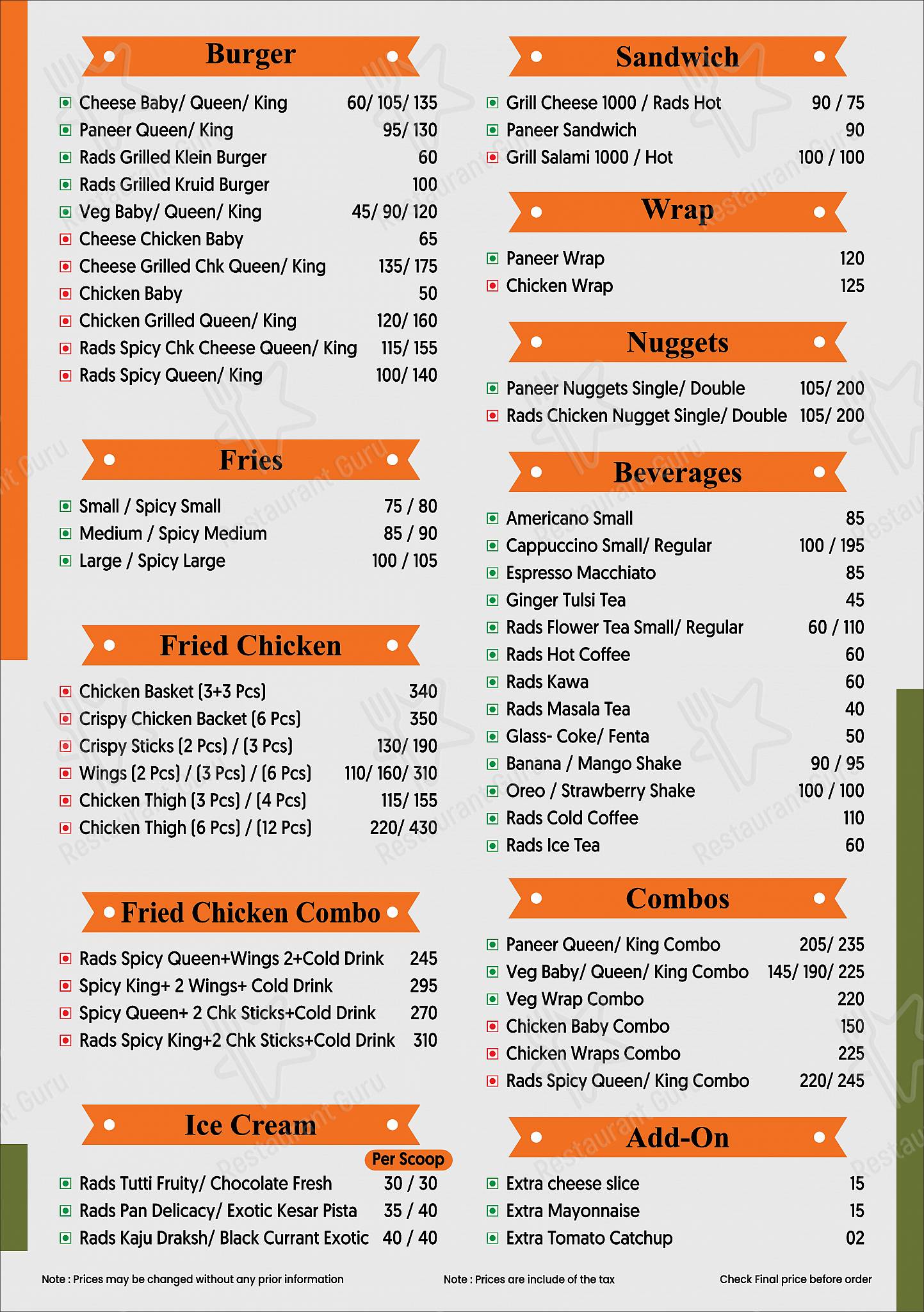 Rads everday menu