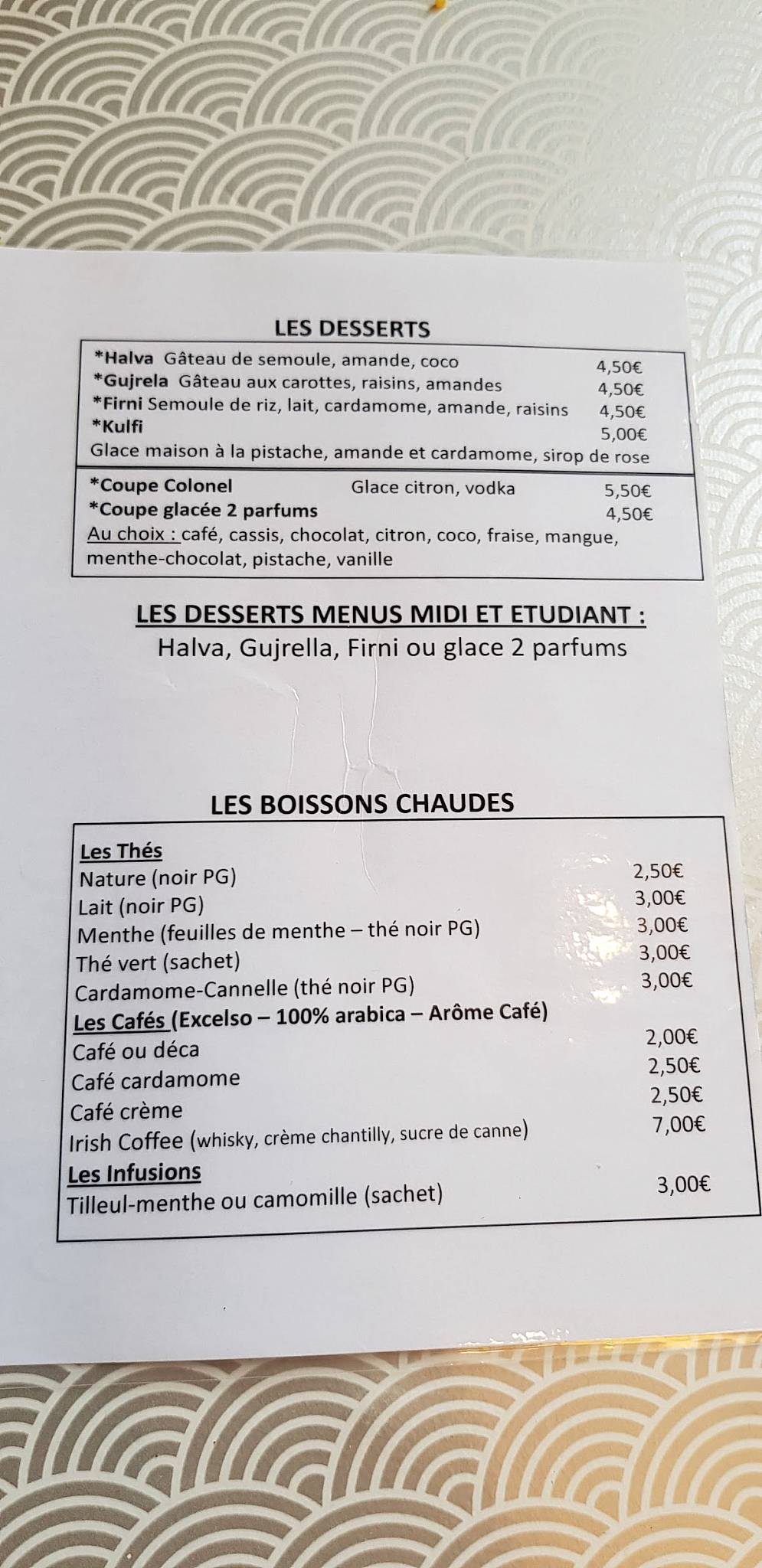 Menu de RESTAURANT LE GANGE