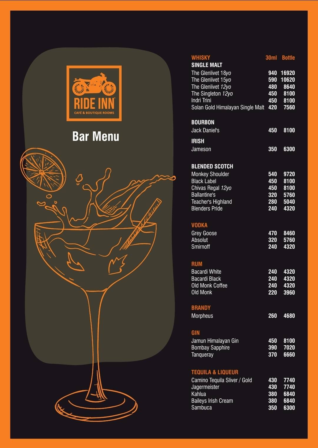 RIDE INN CAFE, BAR & Resort menu