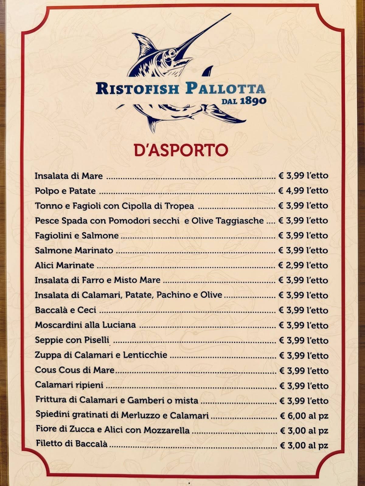 Menu di RISTOFISH PALLOTTA DAL 1890 