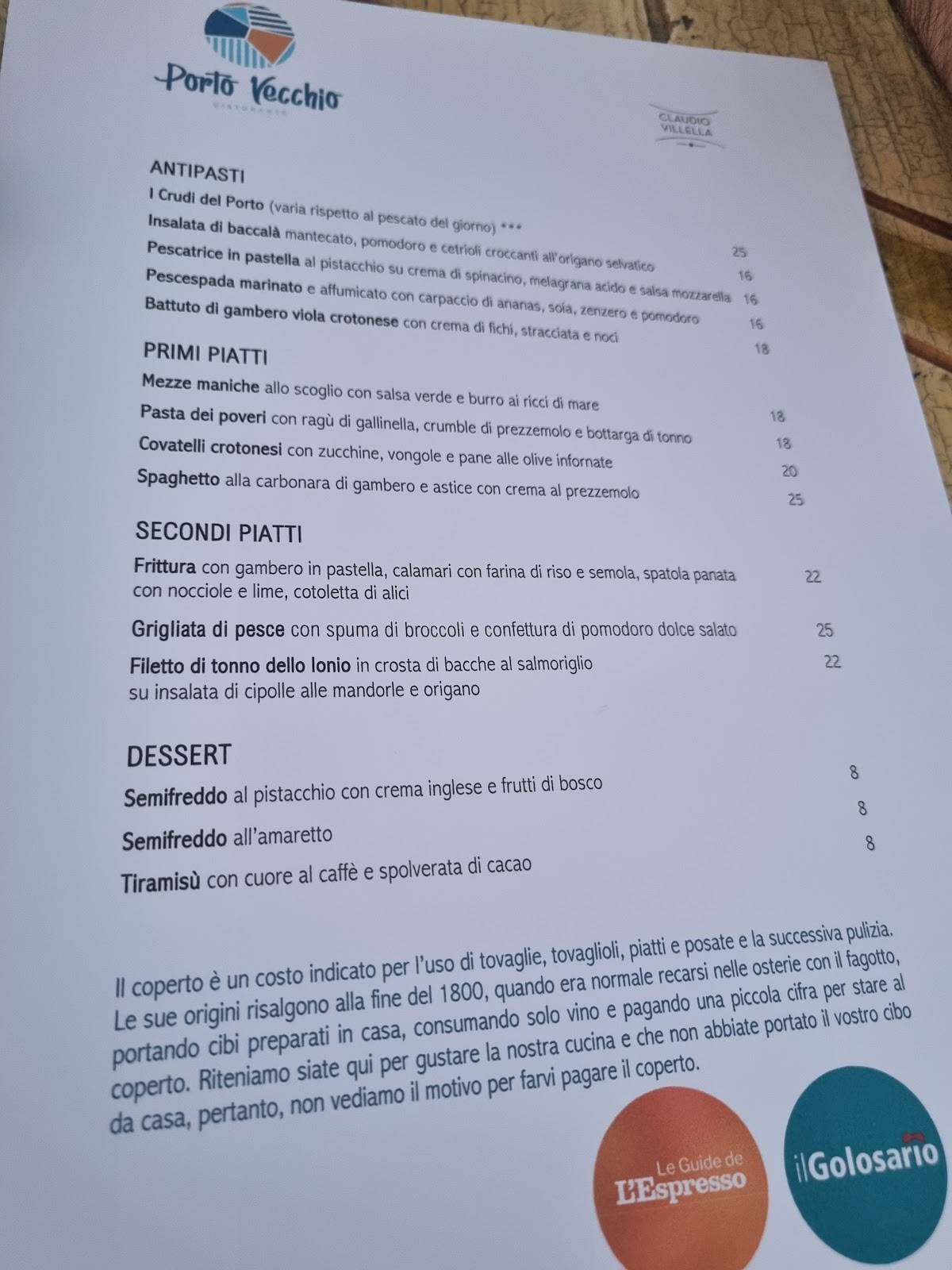 Menu di RISTORANTE PORTO VECCHIO 