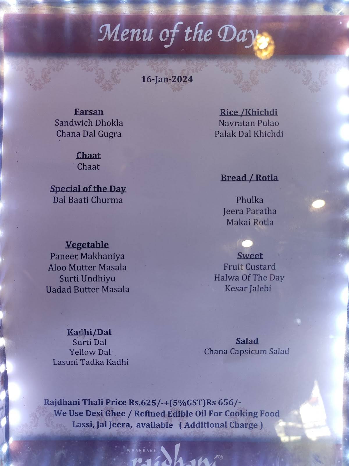 Rajdhani Thali Restaurant menu