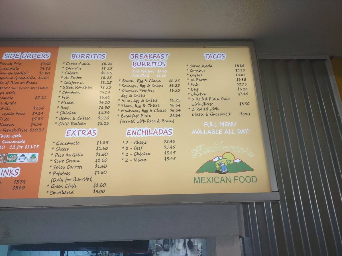 Menu at Raliberto's restaurant, Arvada, Ralston Rd
