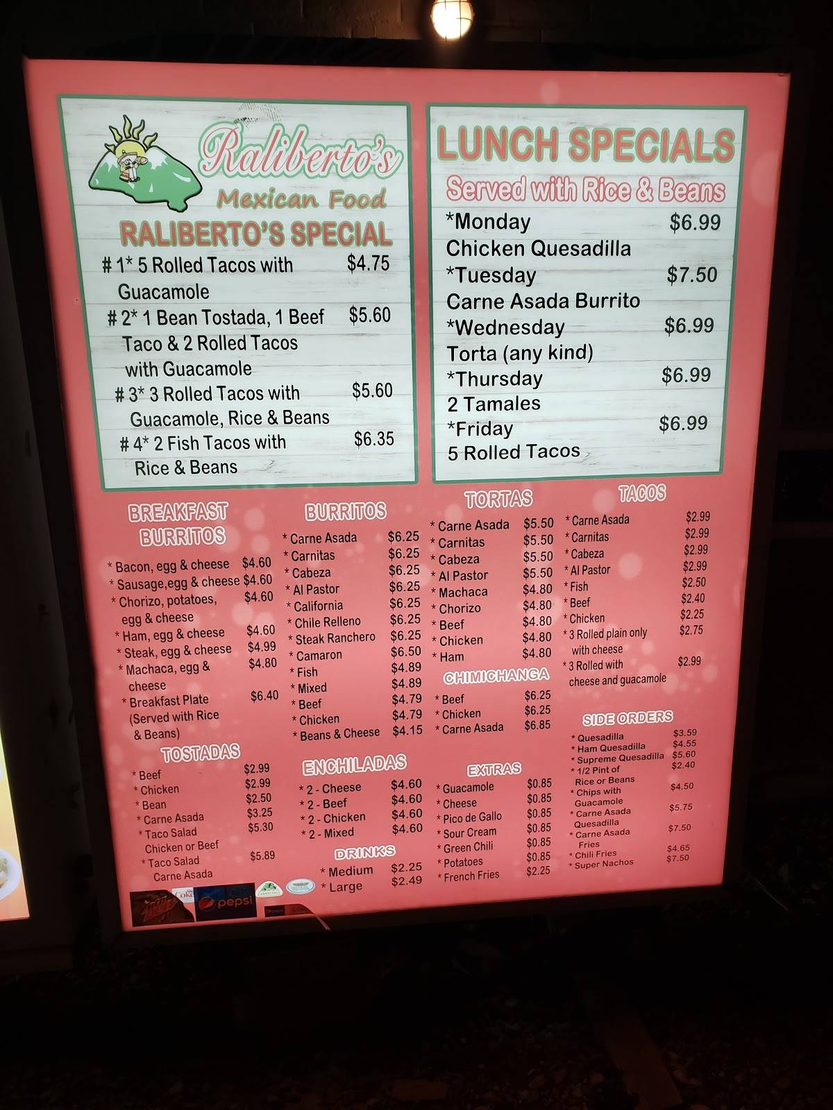 Menu at Raliberto's restaurant, Arvada, Ralston Rd
