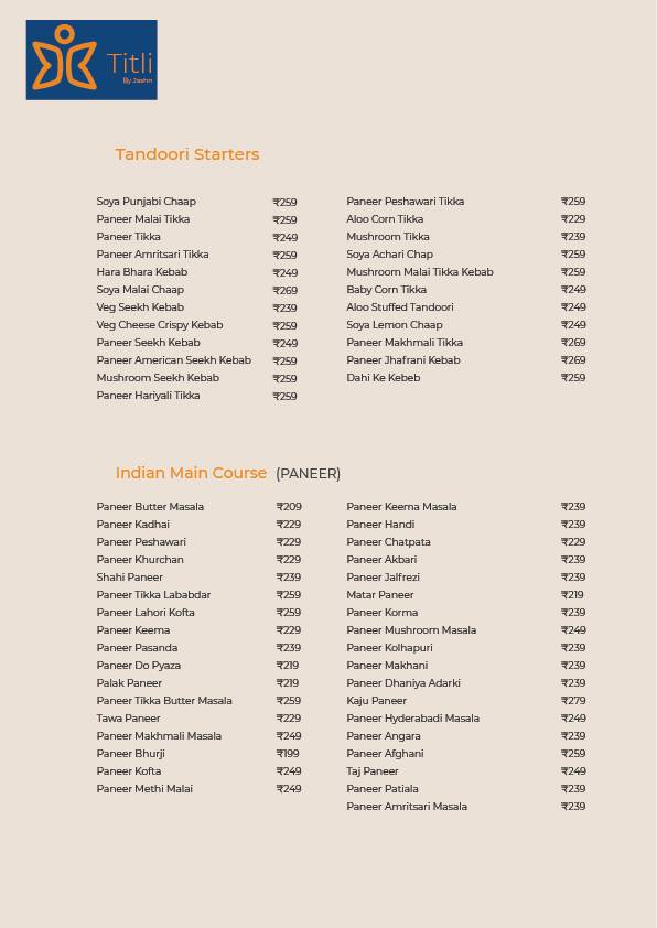 Titli Restaurant By Jashn menu