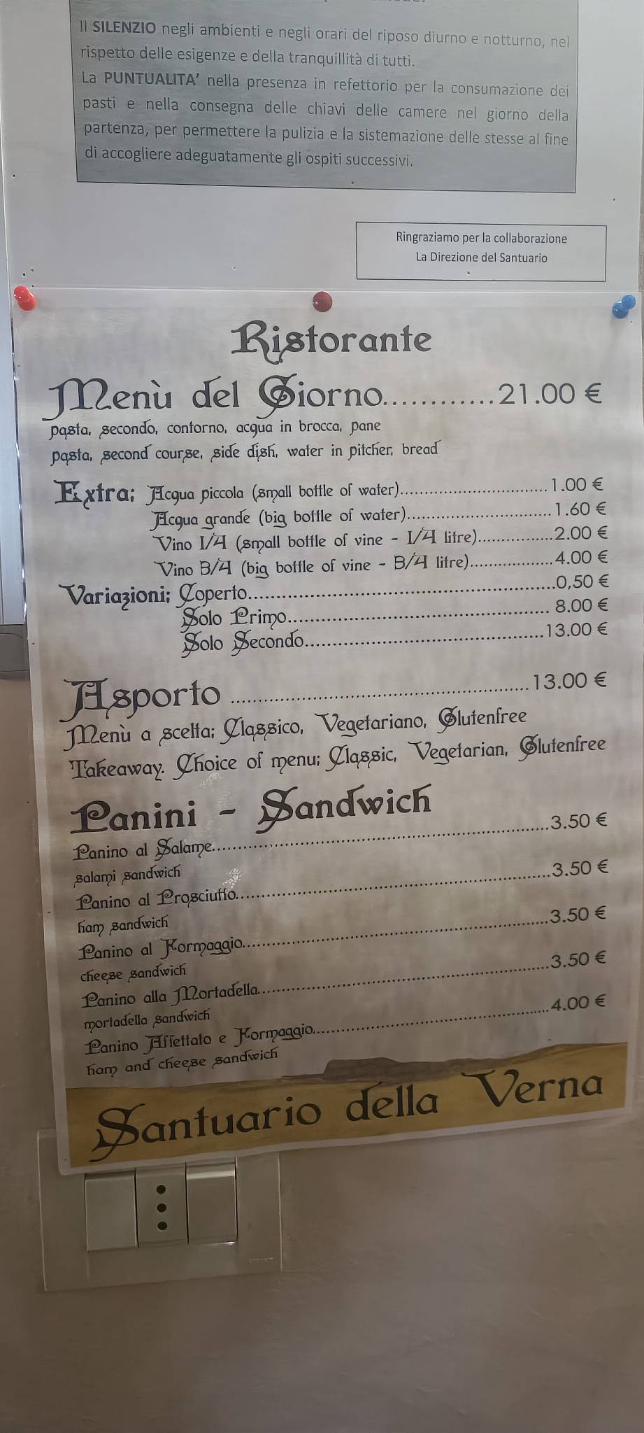 Menu di Refettorio del pellegrino 