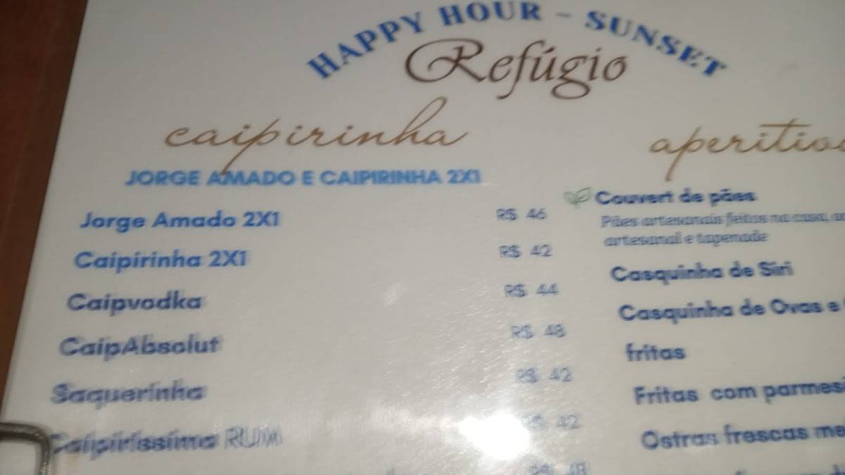 Restaurante Refúgio cardápio