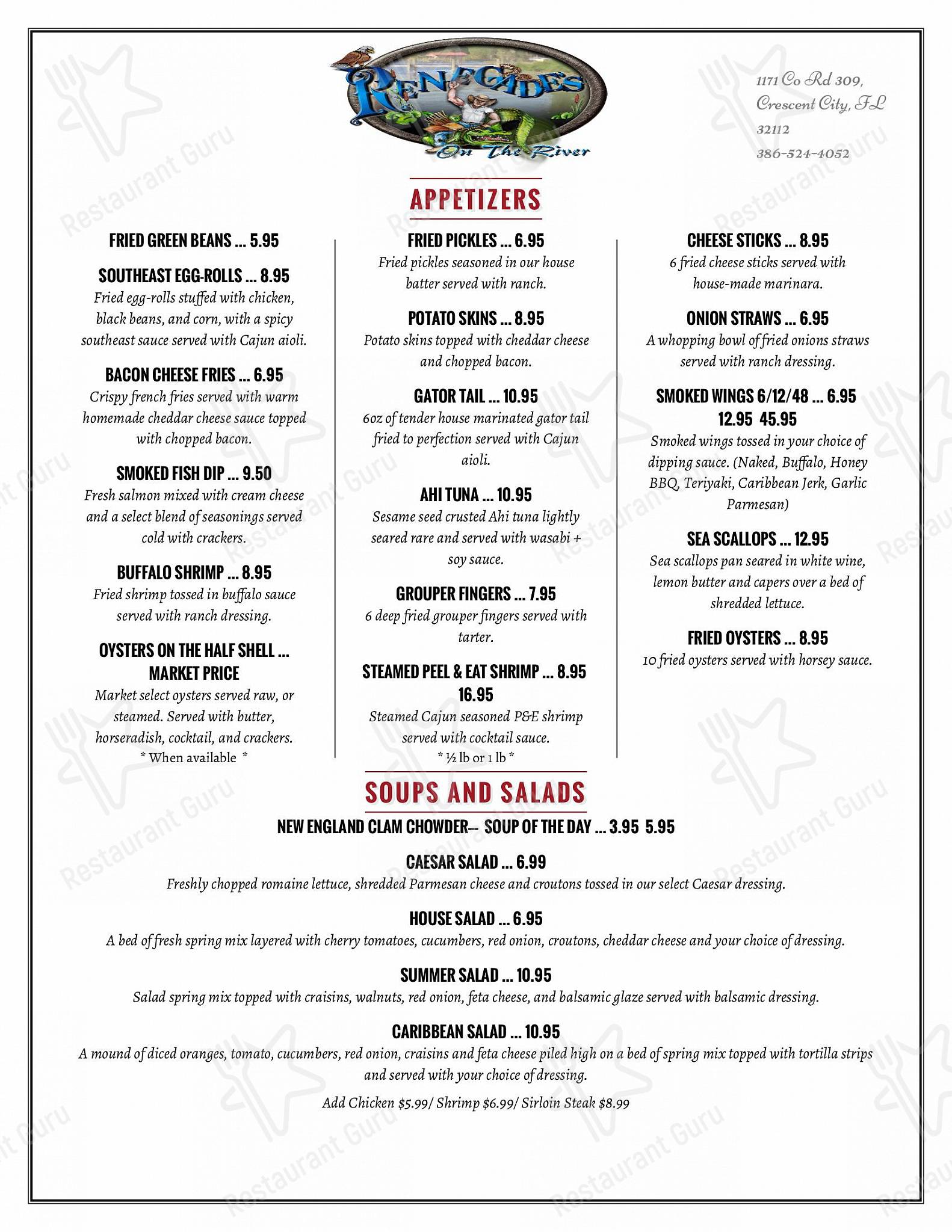 Menu at Renegades On The River pub & bar, USA
