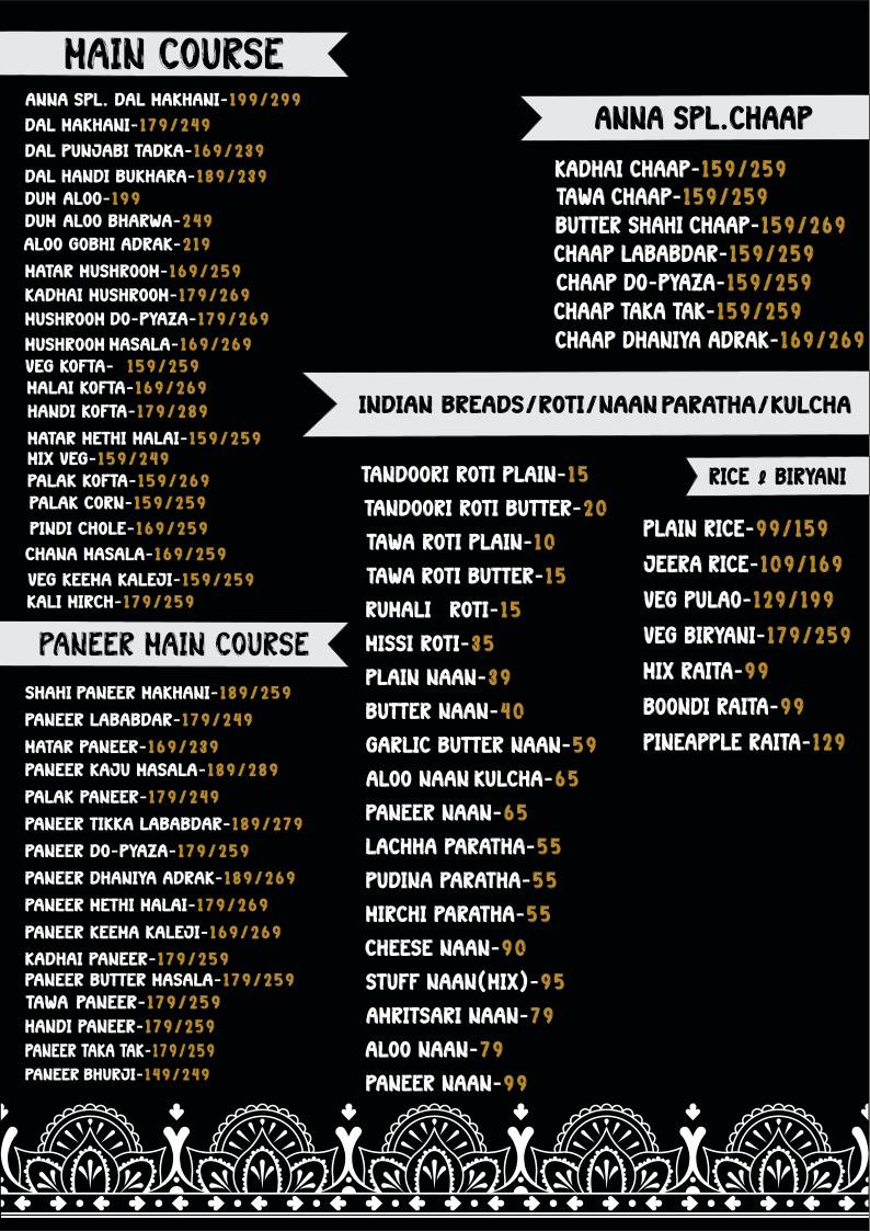ANNA SOUTH INDIAN CHINESE FOOD CHAAT menu