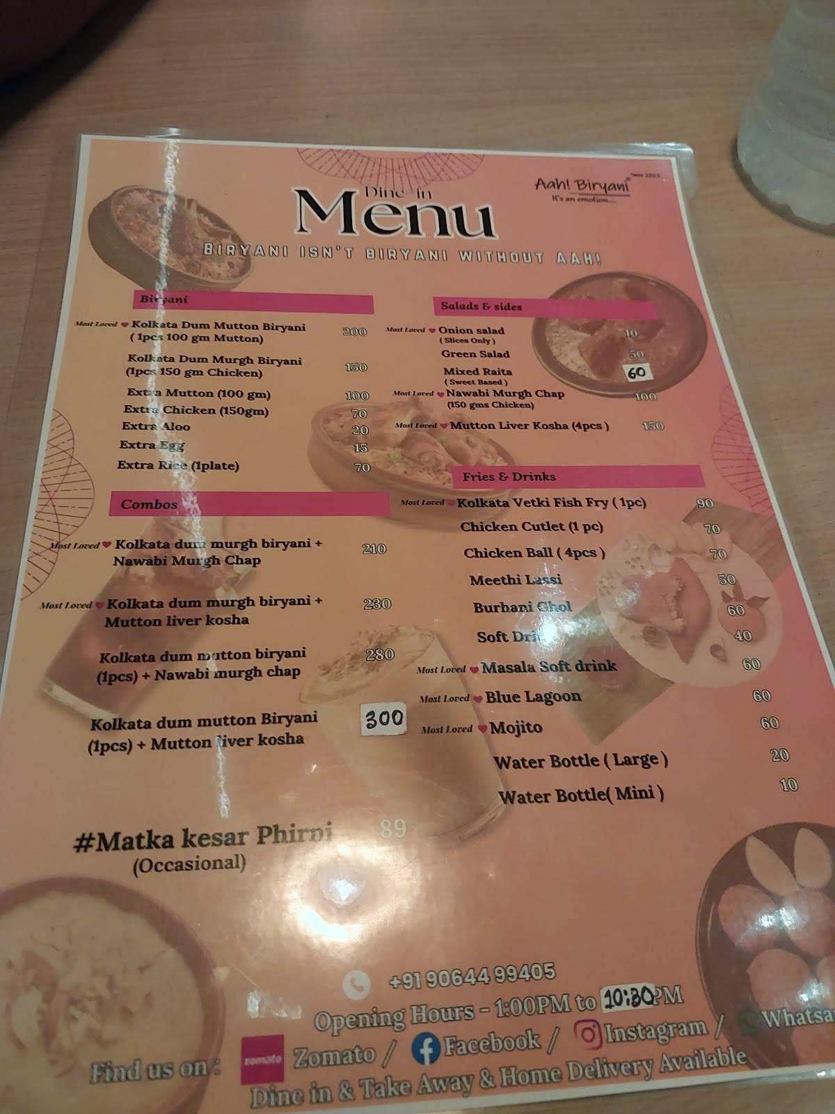 Aah Biryani menu