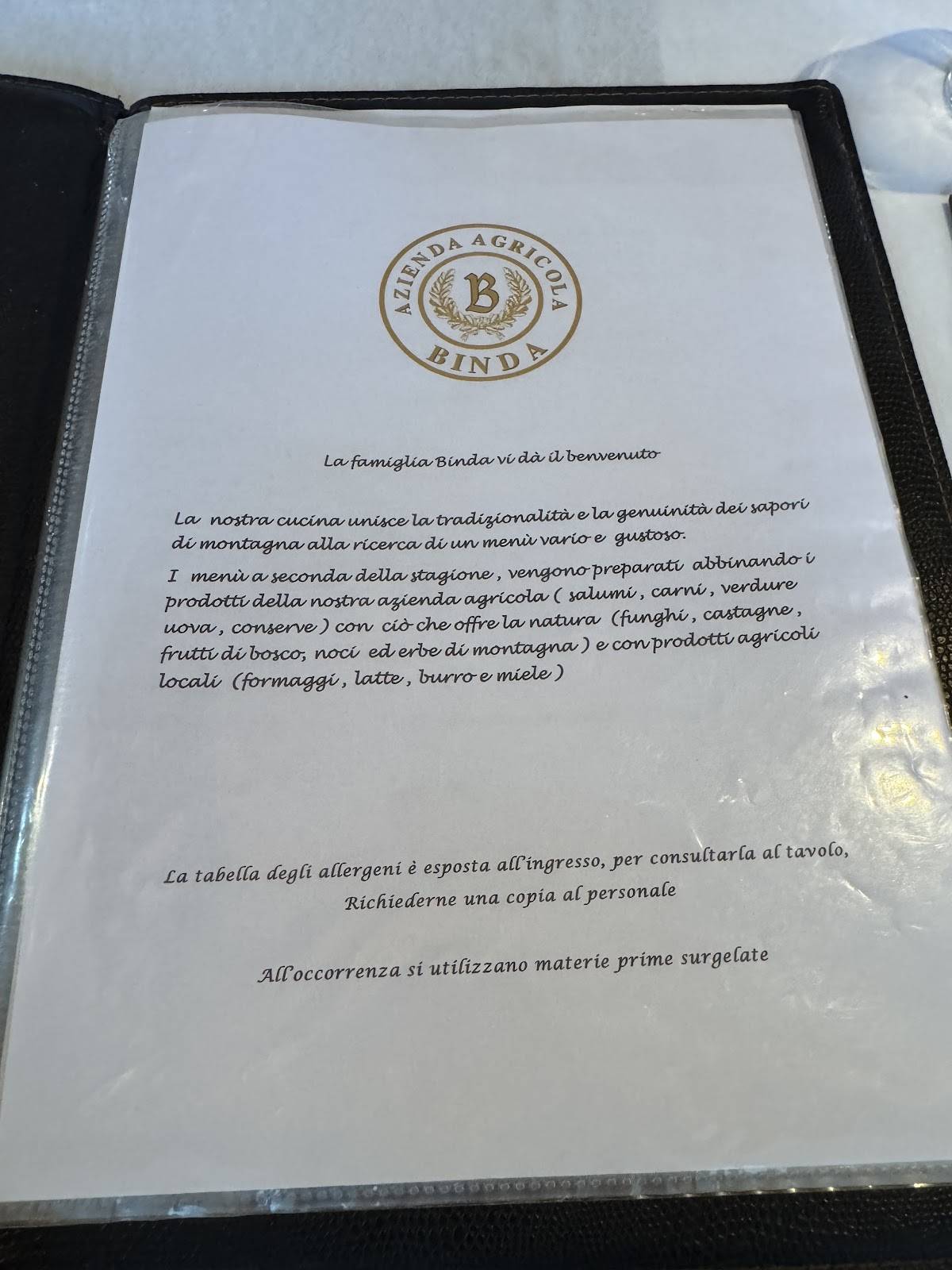 Menu di Agriturismo Binda 
