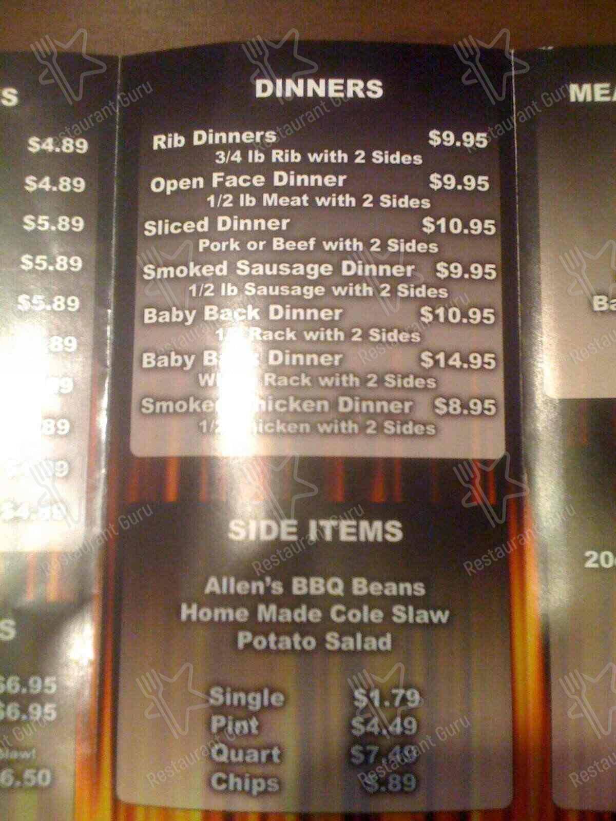 Menu at Allen’s BBQ Company, Arkadelphia