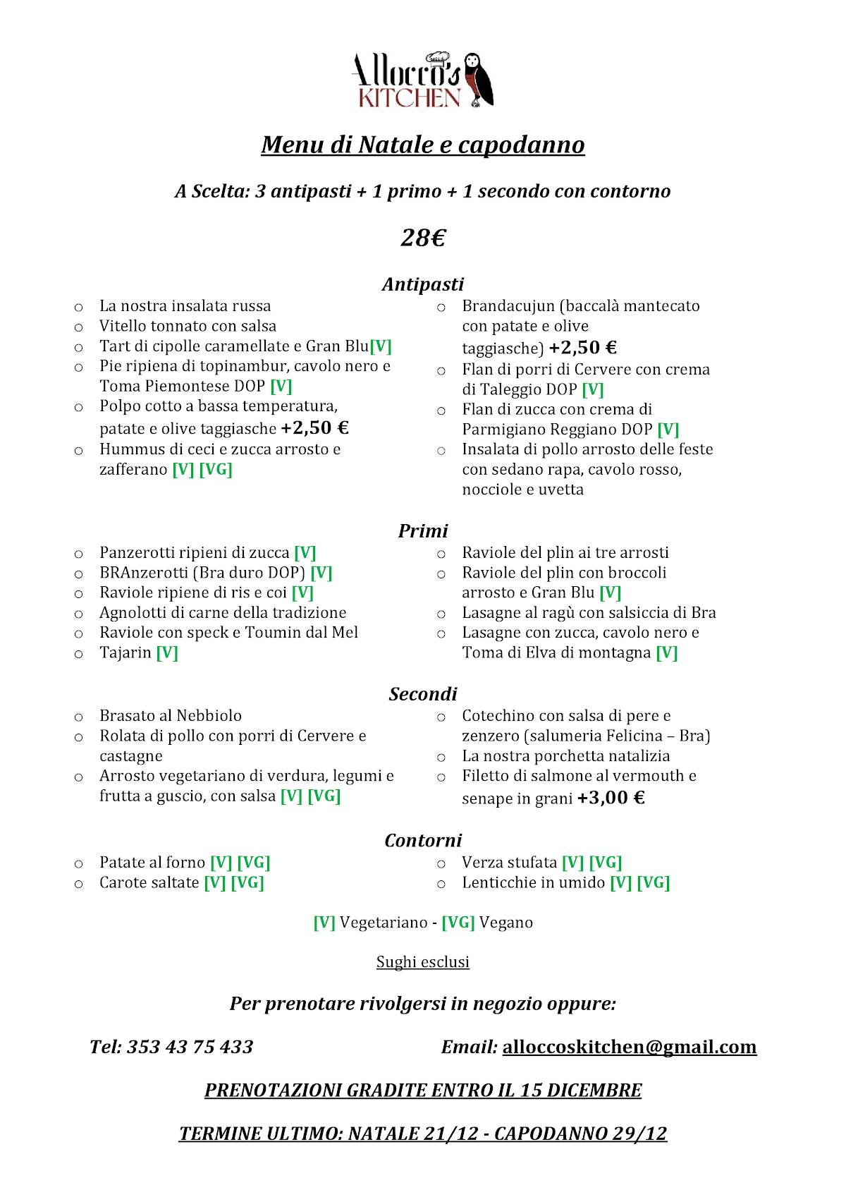 Menu di Allocco's Kitchen - Gastronomia e pasta fresca artigianale a km 0 