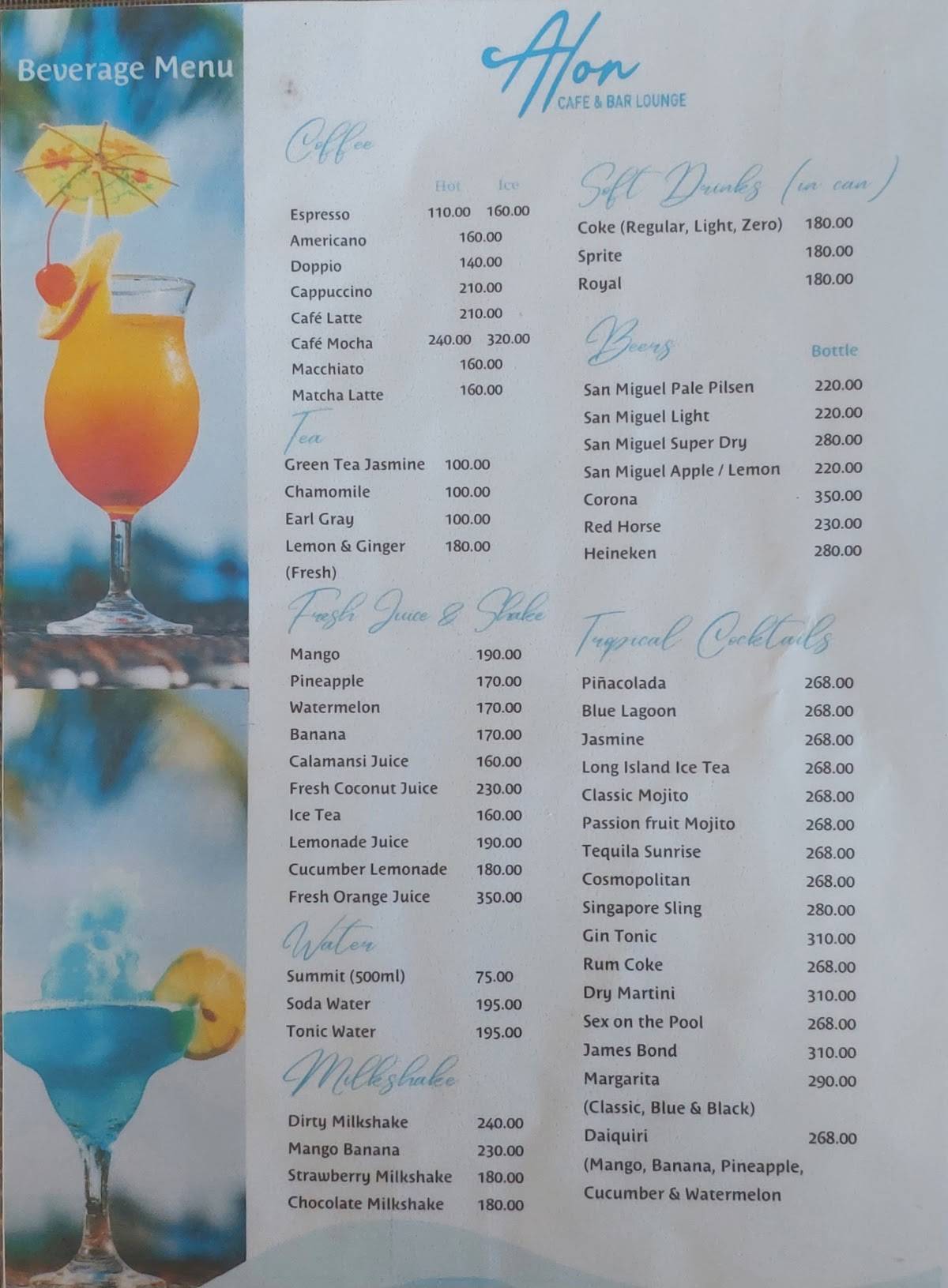 Menu at Alon Cafe and Bar Lounge, Panglao, Alona Beach