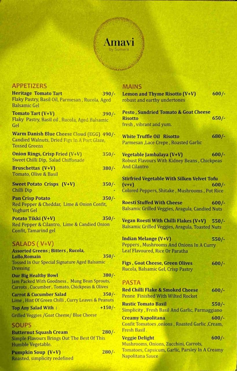 Amavi by Sumera menu