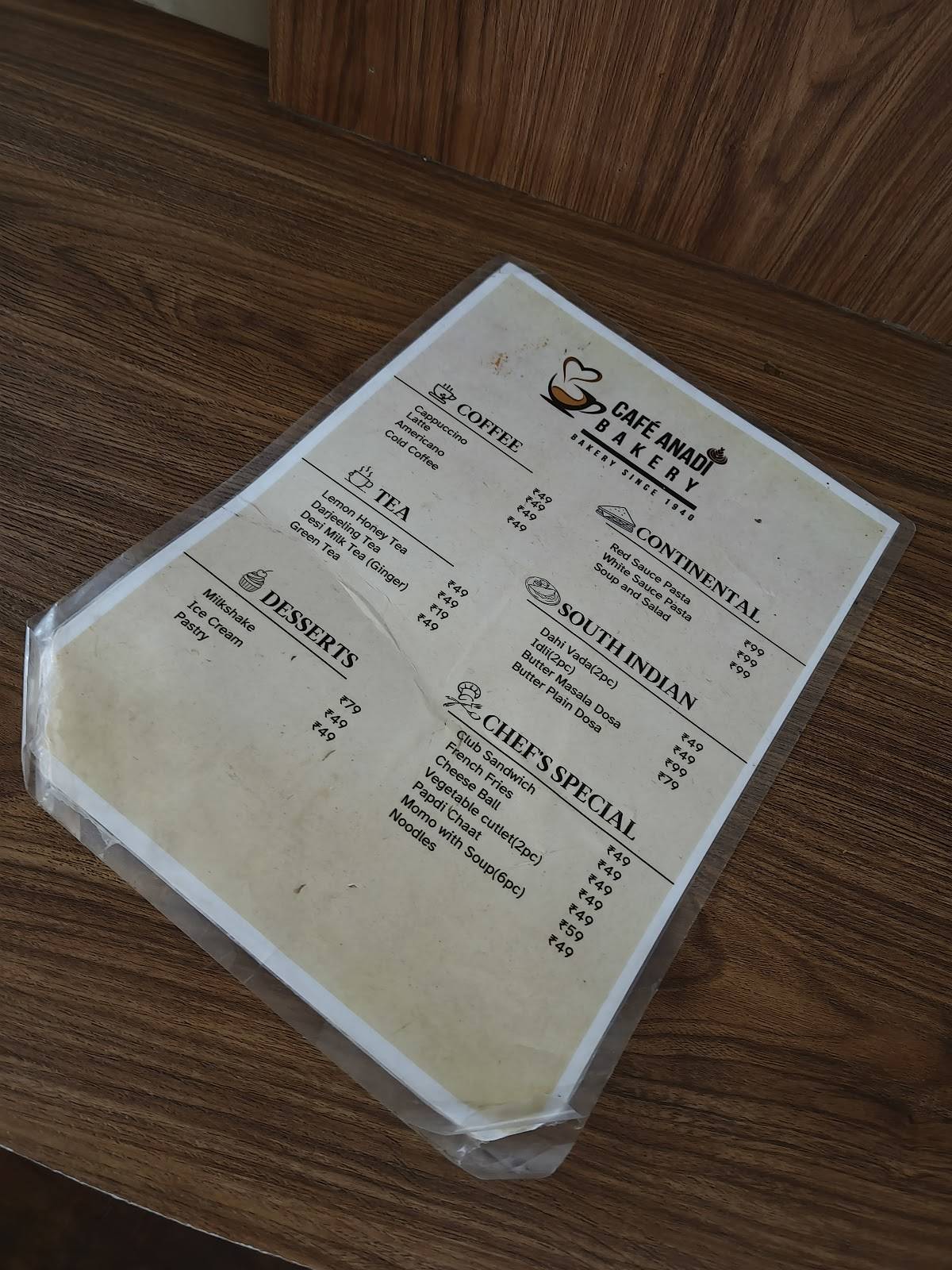 Anadi Bakery menu