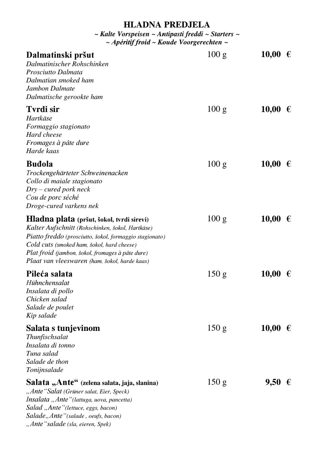 Menu di Restaurant Ante 