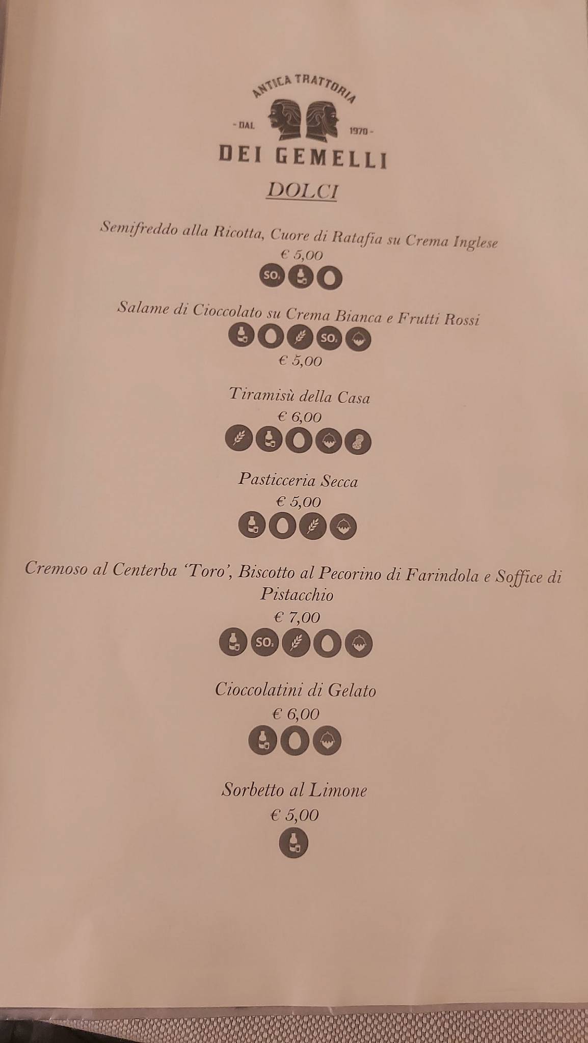 Menu di Antica Trattoria dei Gemelli 