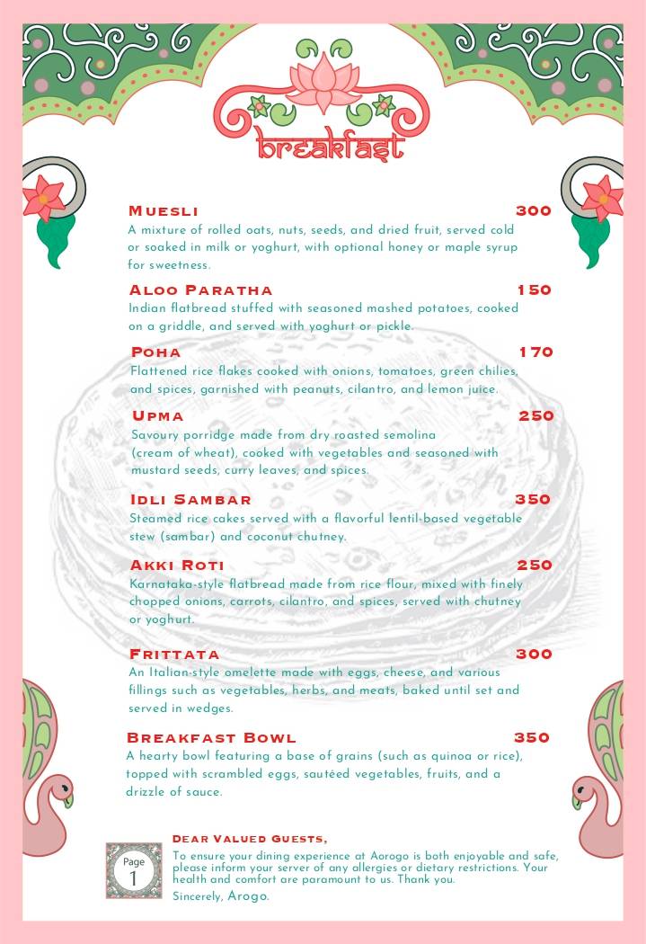 Arogo Restaurant menu