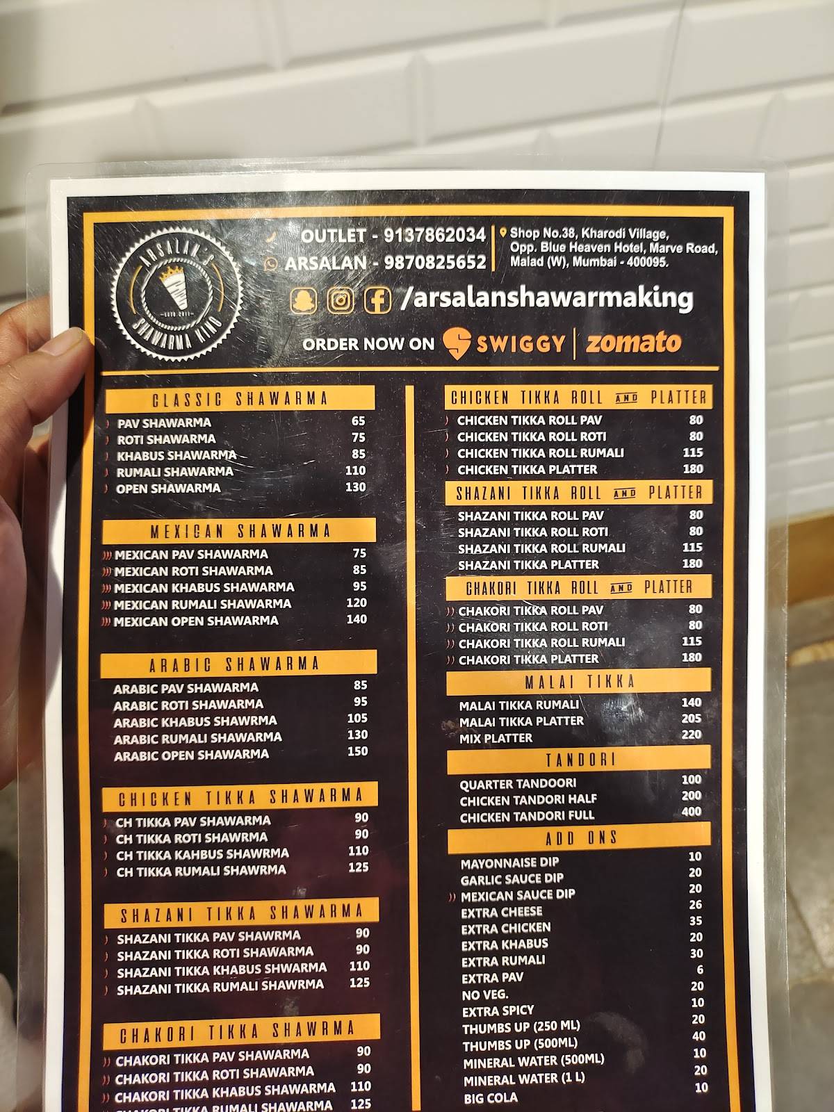 Menu at Arsalan's Shawarma King ( Kharodi ), Mumbai