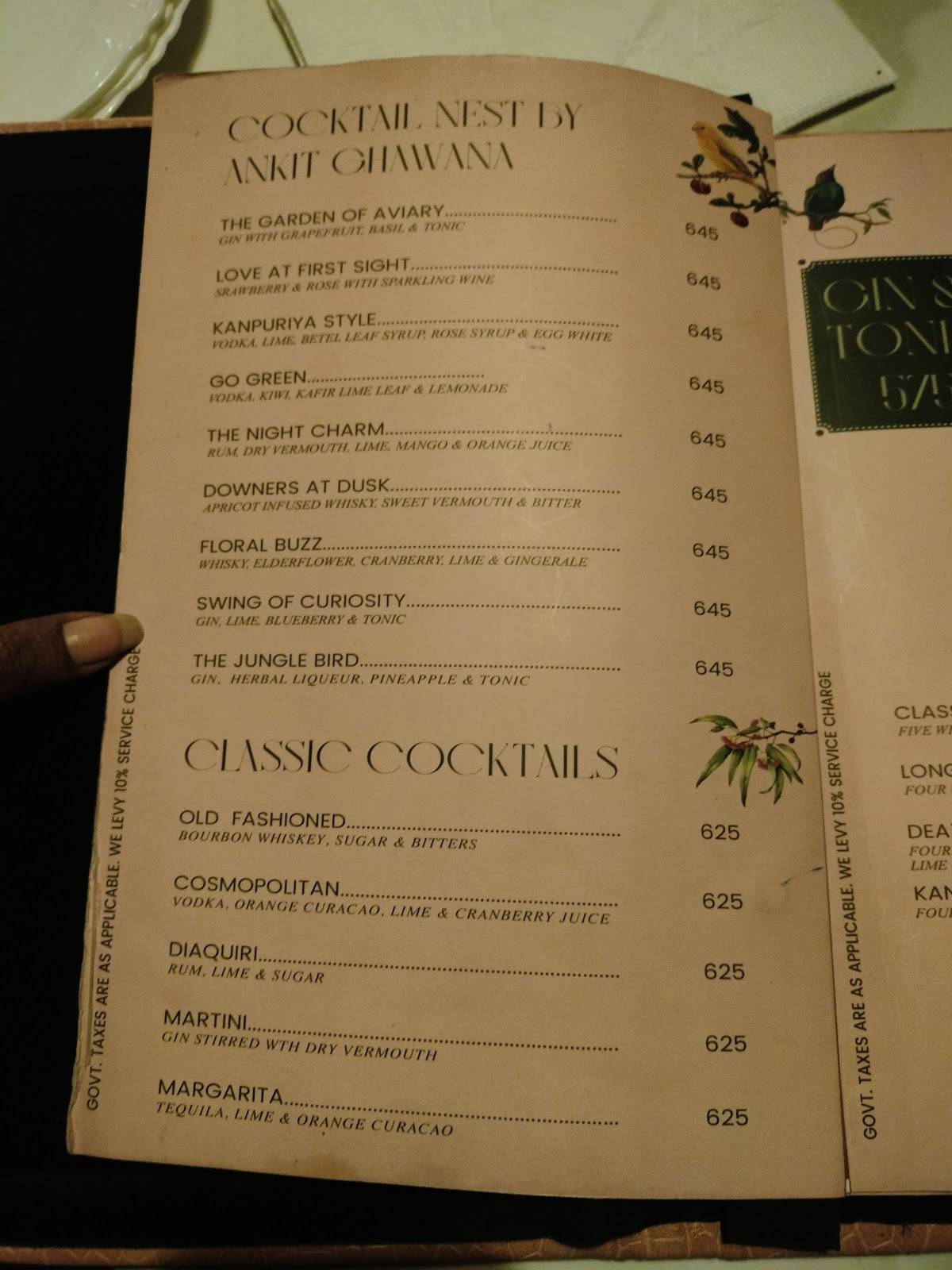 Aviary Cocktail Nest Kanpur menu